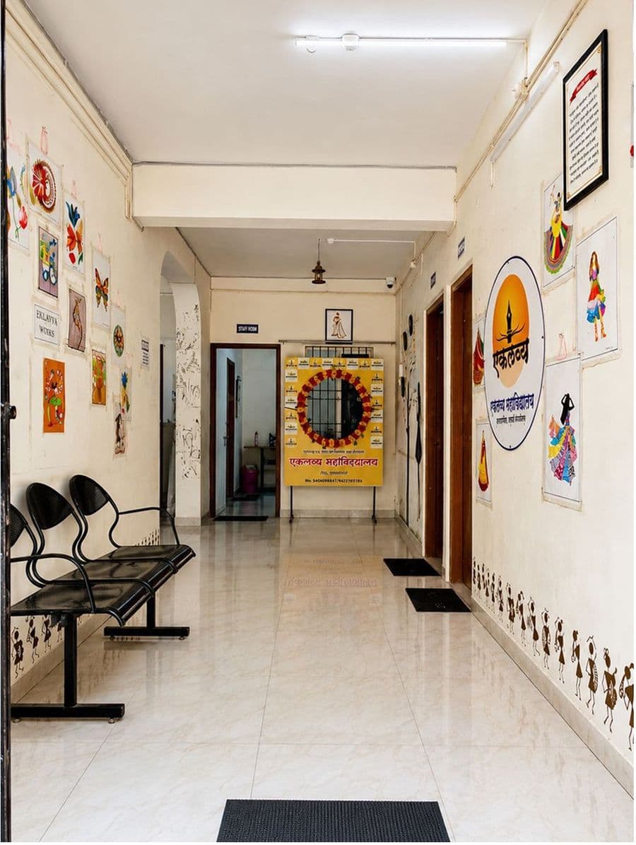 A college corridor lined with student artwork